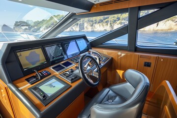 Luxurious yacht cockpit with advanced navigation systems and scenic ocean view