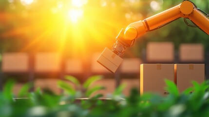 inventory management system Automated storage and retrieval system (ASRS) in a modern warehouse, robotic arm moving boxes, advanced inventory management technology for efficient storage and retrieval