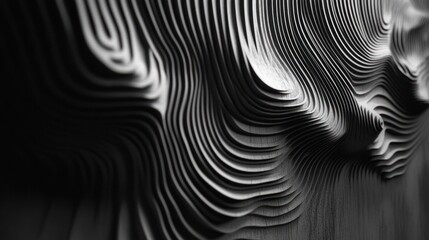 Abstract black and white image showcasing flowing, textured lines and patterns.