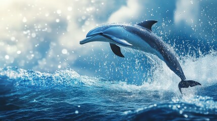 Fototapeta premium Dolphin's Leap of Joy: A playful dolphin leaps gracefully from the ocean waves, its sleek body glistening in the sunlight.
