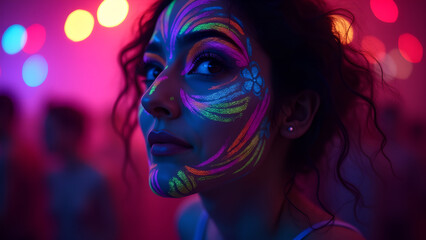 Woman With Neon Makeup in a Night Party Lights Glow