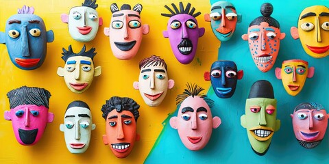 A creative display of character faces with bold lines and exaggerated features.