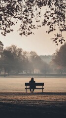 Solitary figure sitting on park bench, gazing into empty distance