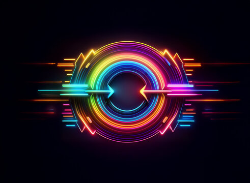 Vibrant rainbow neon circular design with dynamic arrows, representing technological advancement and speed.  The dark background enhances the glowing effect.