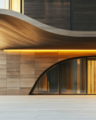 Obraz premium Modern architectural design featuring curved wooden elements and warm lighting at sunset
