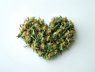 Heart made of Marijuana buds on white background, top view. Medical Cannabis concept