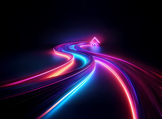 Abstract artwork depicting two glowing neon lines curving upwards, converging into an arrowhead.  The vibrant colors suggest progress and upward movement.