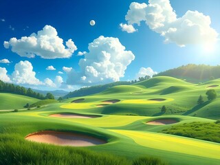 High-quality anime-style golf course illustration featuring vibrant grass, sand bunkers, blue sky, and clean design