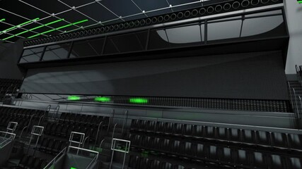 Sports News broadcast set with video green screen, professional broadcast Black Gallery background highlighting on digital LCD board