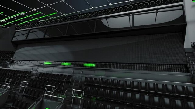 Sports News broadcast set with video green screen, professional broadcast Black Gallery background highlighting on digital LCD board