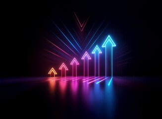 Vibrant neon arrows ascend in a dark, reflective space, symbolizing growth and progress.  The glowing lines radiate upward, creating a dynamic visual representation of positive momentum.