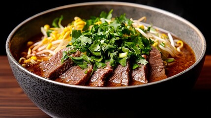 Fototapeta premium Delicious bowl of noodle soup topped with tender beef slices, fresh herbs, and vibrant vegetables in a dark setting