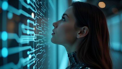Woman Looking at Illuminated Circuit Board Display