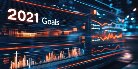A digital screen showing "2021 Goals" with actionable steps listed.