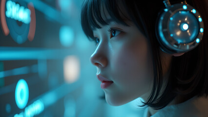 Woman looking at a screen with glowing headphones on