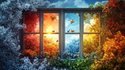 A living room with a window split into four sections, each showing a different season of the year