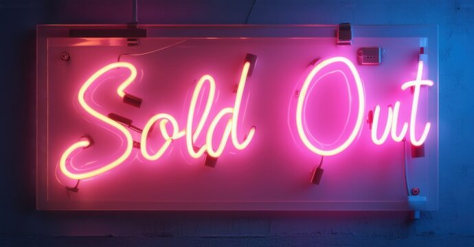 Neon sign displaying Sold Out glows in vibrant color, symbolizing limited availability, consumer demand, high sales, exclusivity, and urgency in modern retail and online commerce