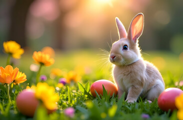 A cute fluffy Easter bunny is sitting on the grass next to Easter eggs and flowers