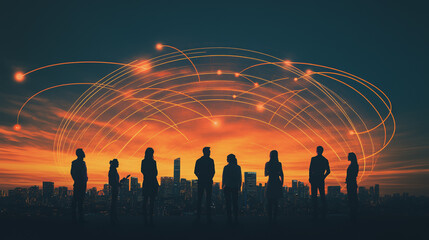 Fototapeta premium Abstract business team stands on the peak of success amid tall, innovative Smart city and graphs with statistics to analyze business potential and predict future developments in company growth.
