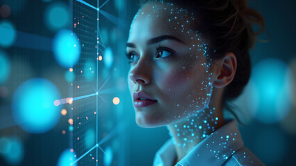 Woman with Sparkle overlay and blue digital shapes