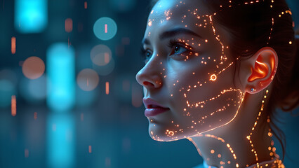 A woman with glowing lines over her skin looking left