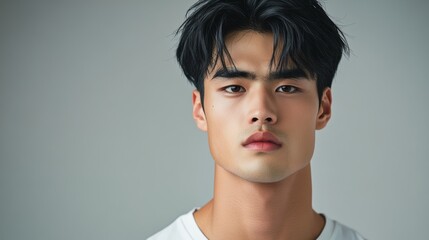 Man with short hair and a white shirt. He has a serious look on his face. The image is in black and white