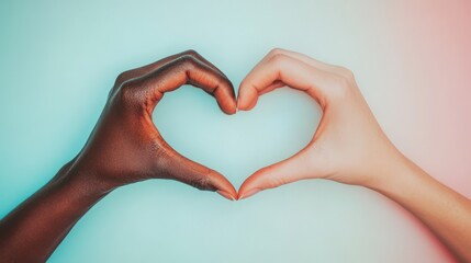 Fototapeta premium Hands of a black man and white woman couple making a heart shape with their fingers on a white background. Abstract background concept on the theme of Valentine's Day, love and health