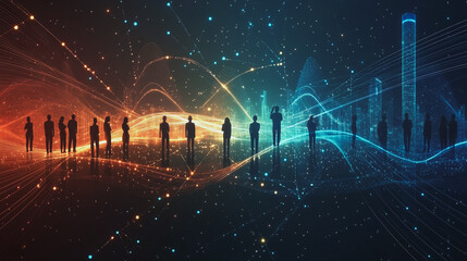 Abstract business team stands on the peak of success amid tall, innovative Smart city and graphs with statistics to analyze business potential and predict future developments in company growth.