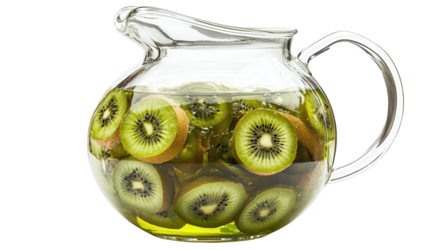 Fresh kiwi slices in a glass pitcher with green liquid on a white background