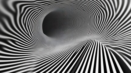 Abstract black and white tunnel with wavy lines creating a sense of depth and movement.