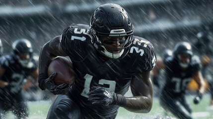 Players compete fiercely on a muddy field, showcasing their skills while rain pours down heavily. The atmosphere is charged with excitement as fans cheer.