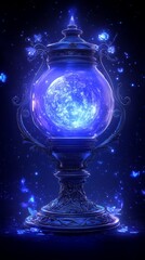 Celestial Orb Held Within an Ornate, Crystalline Goblet Atop a Dark Pedestal