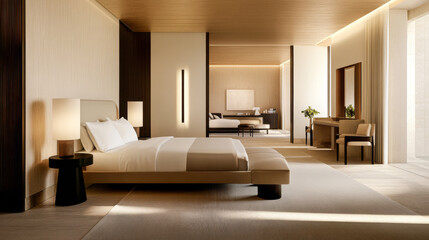 Fototapeta premium Luxurious modern bedroom and living space with serene ambiance and stylish design