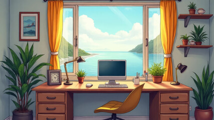 Cozy home office with  wonderful   by sight  from the window   and a place to copy 