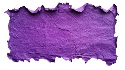 Crumpled purple paper piece with torn edges on transparent background
