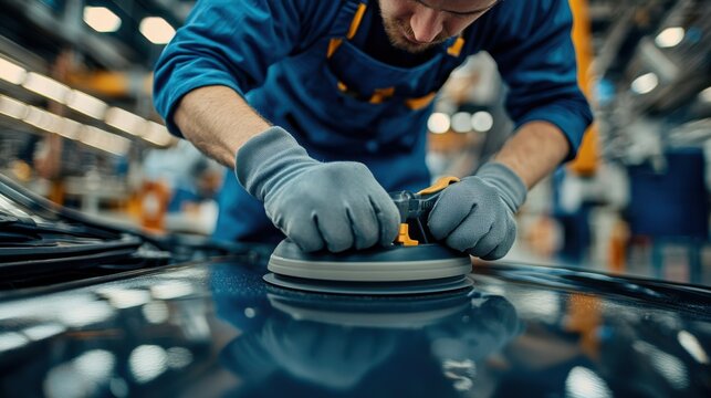 A focused worker polishes a car surface, showcasing precision and care in an automotive workshop environment.