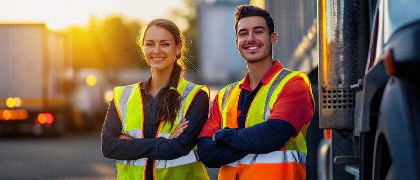 Two warehouse workers in safety vests smiling outdoors at sunset, showcasing teamwork in logistics and transportation industry. Trucking and freight services.