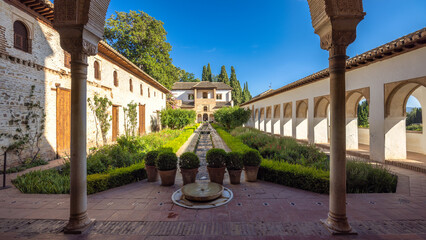 The Patio de la Acequia, courtyard of the Generalife palace at the Alhambra complex in Granada...