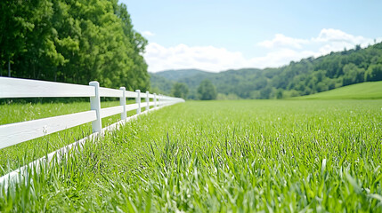 Obraz premium Green pasture, white fence, hills, sunny day; idyllic rural scene
