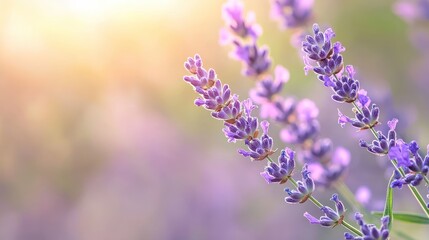 Obraz premium A close-up of delicate lavender flowers bathed in soft sunlight, creating a serene and tranquil atmosphere.