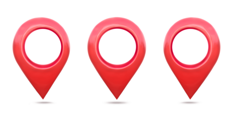 Collection, Red location symbol pin icon sign on white background. navigation locator map travel gps direction pointer and marker. Red map locator, pin realistic 3D map pointers isolated.