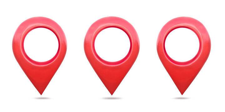 Collection, Red location symbol pin icon sign on white background. navigation locator map travel gps direction pointer and marker. Red map locator, pin realistic 3D map pointers isolated.