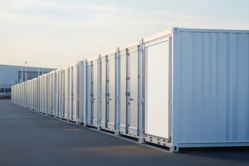 Shipping containers at busy port with blank branding space for logistics