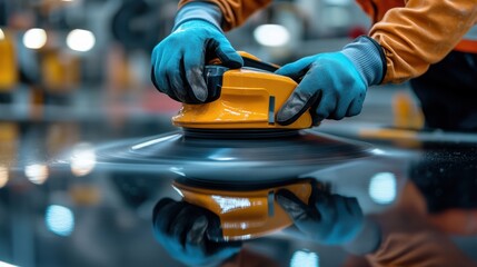 A person polishing a surface with a yellow tool, wearing gloves, in a workshop with blurred background elements.