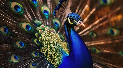 Peacock Majesty: A vibrant peacock displays its iridescent plumage in a close-up shot, showcasing the intricate details of its feathers.  The rich blues, greens.