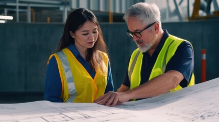 Construction site, engineers examining blueprints together, collaborating on project planning, structural design, and workflow optimization for successful building outcomes.