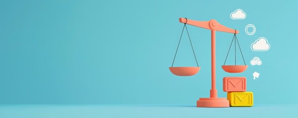 Law transformation concept. Colorful scales of justice with abstract elements on a blue background.