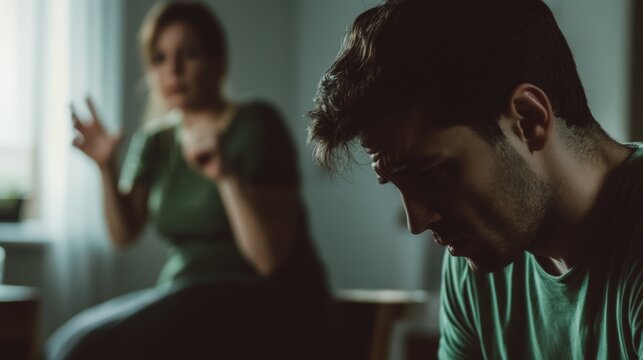 Couple discussing relationship issues, one partner appearing distressed while the other gestures, capturing emotions and dynamics in personal communication at home.