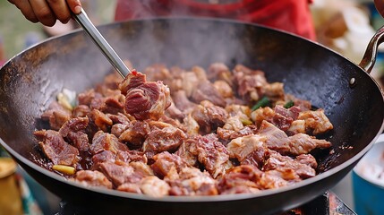 Meat being stir-fried over fire outdoor event cooking