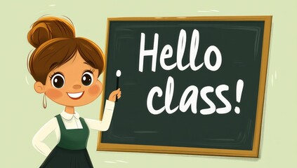 Happy teacher welcomes students.